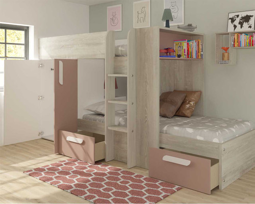 Barca pink bunk bed with storage drawers and wardrobe open