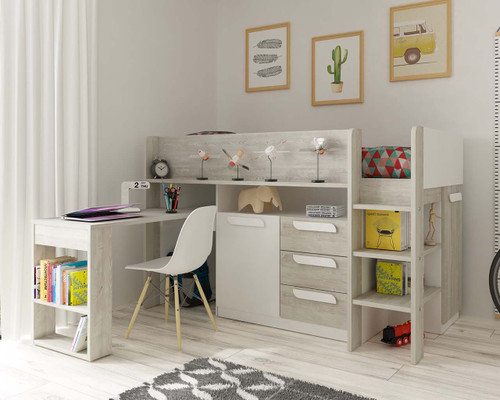 grey and white cabin bed with desk and storage