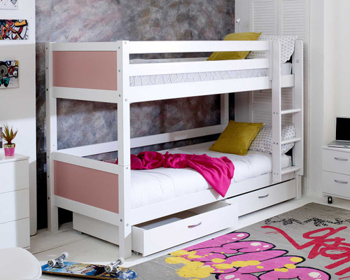 bunk bed with pink headboard and storage
