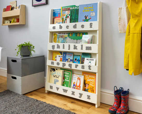 Open Facing Bookcase with Pale Grey letters side