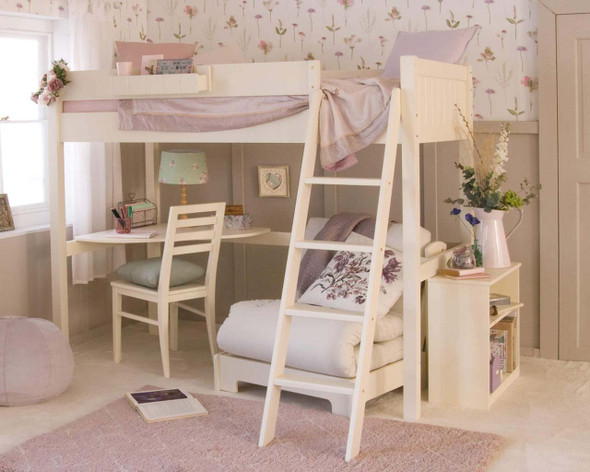 Fargo High Sleeper with Corner Desk & Futon Chairbed in Ivory white for boys and girls