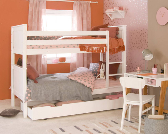 Classic Beech Bunk Bed by Little Folks in Pure White With Pull Out Trundle
