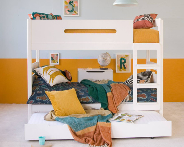 white bunk bed and underbed trundle