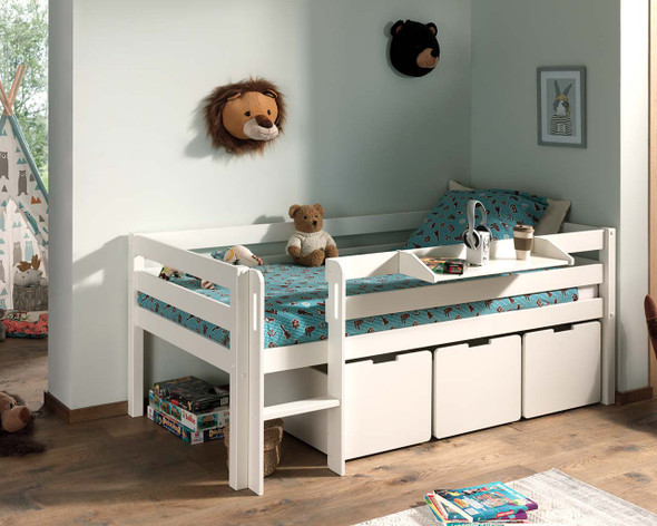 Breeze low midsleeper white with 3 x storage boxes from angle