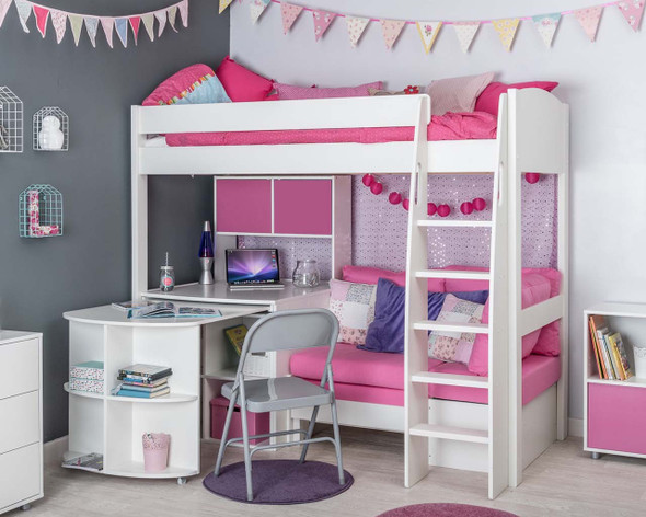 stompa uno s 28 high sleeper with pull out desk, pink sofa bed and storage