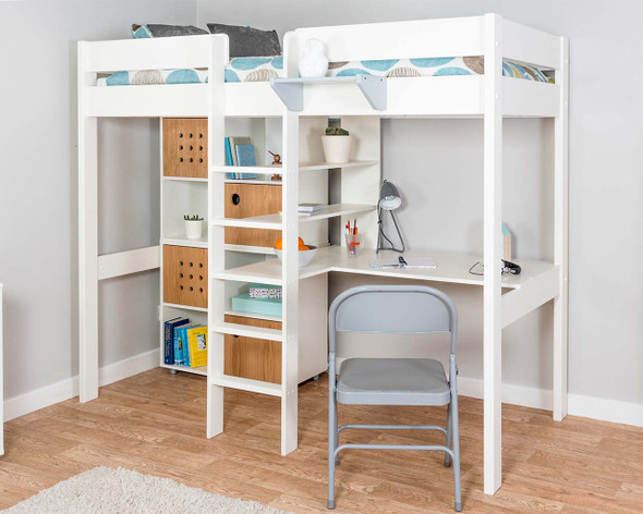 white loft bed with storage cubes that have oak effect doors and desk