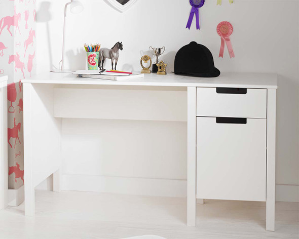 white kids desk with cupboard and drawer