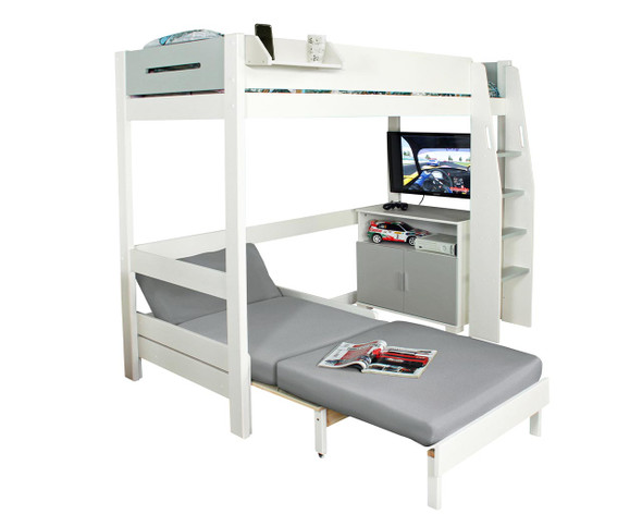 cutout of high sleeper with storage and  sofa bed pulled out