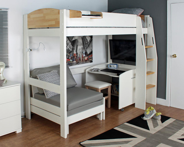 urban birch high sleeper with free standing desk and sofa bed