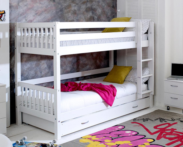 Nordic White Bunkbed with trundle and slatted headboard panels