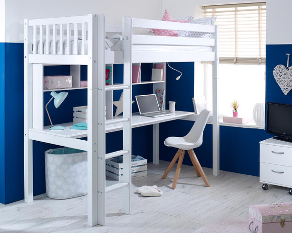 Nordic High Sleeper 2 with long desk and shelving and slatted headboards