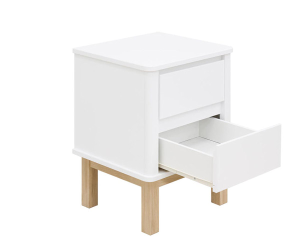 Nori Bedside Table in White & Natural Drawre Open