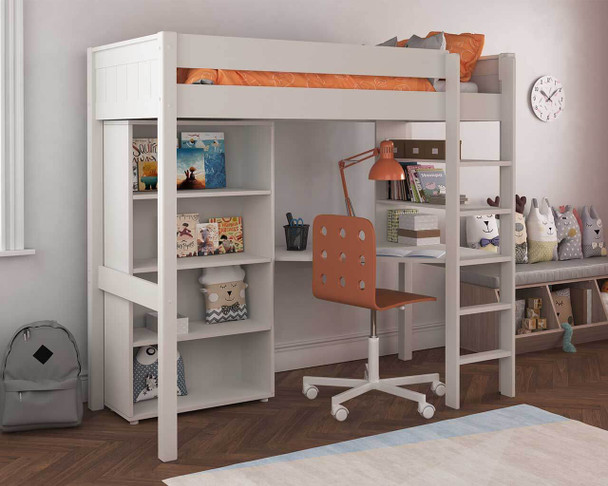 Stompa Classic Highsleeper with Desk, Shelving and bookcase - White