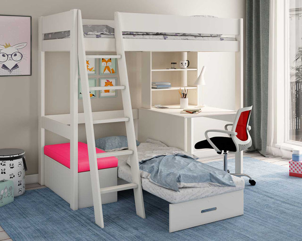 Estella white high sleeper bed with desk and pink corner sofa bed opened out