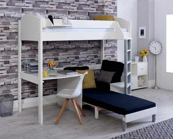 Noah White High Sleeper with Desk and Chair Bed with black sofa open
