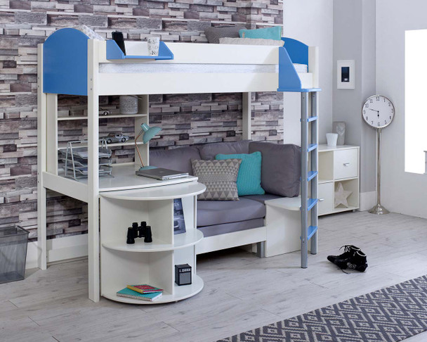 Noah High Sleeper E white/blue with pink chair bed desk open