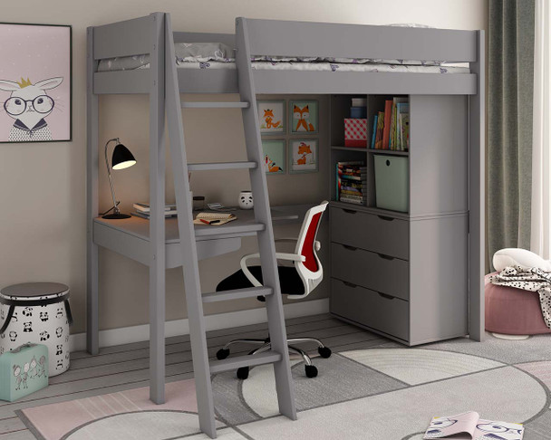 Estella Grey High Sleeper with Chest, Storage Cubes and Desk