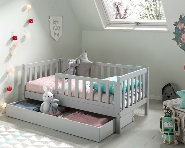 Lark toddler bed grey with open drawer styled