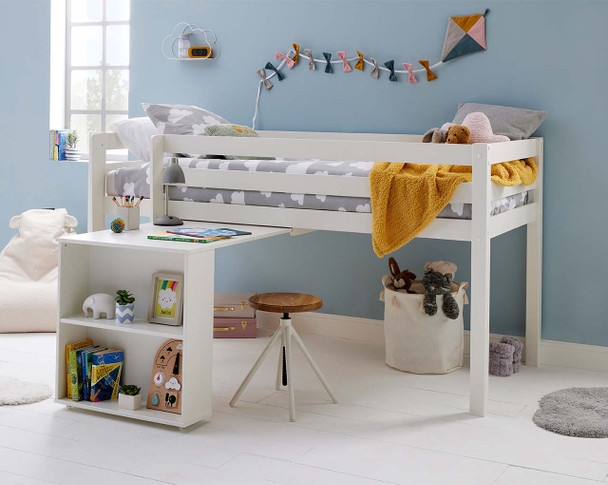 Breeze Midsleeper Bed Dressed with Open Pull out Desk from angle