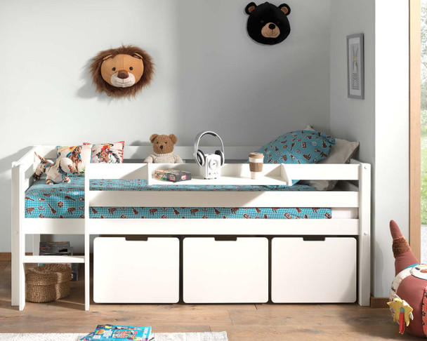 Breeze low midsleeper white with 3 x storage boxes from front