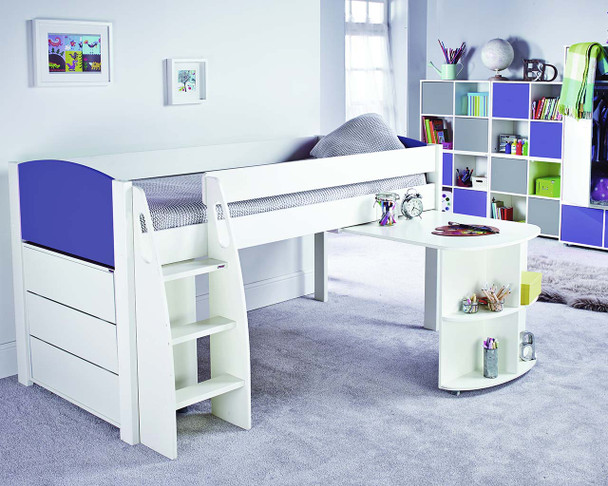 midsleeper with blue headboard, desk and chest