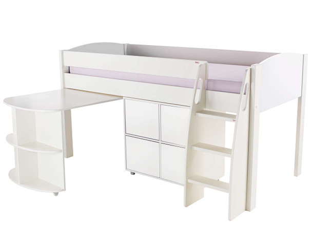 cutout of cabin bed with desk and storage in white