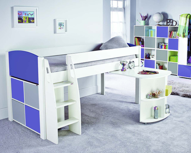 midsleeper with pull out desk and storage cube in blue and grey