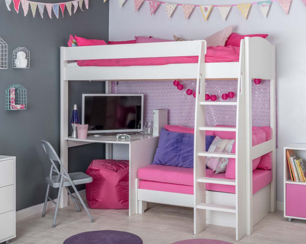 stompa high sleeper with pink sofa bed and desk