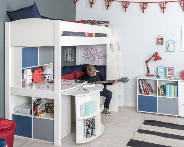 stompa loft bed with extending desk, storage and blue sofa bed