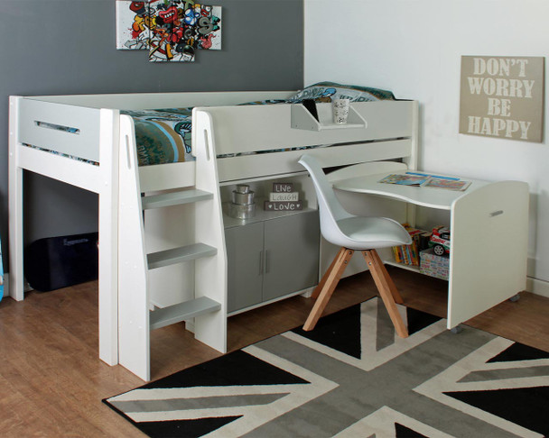 urban grey and white midsleeper with pull out desk and cupboard storage