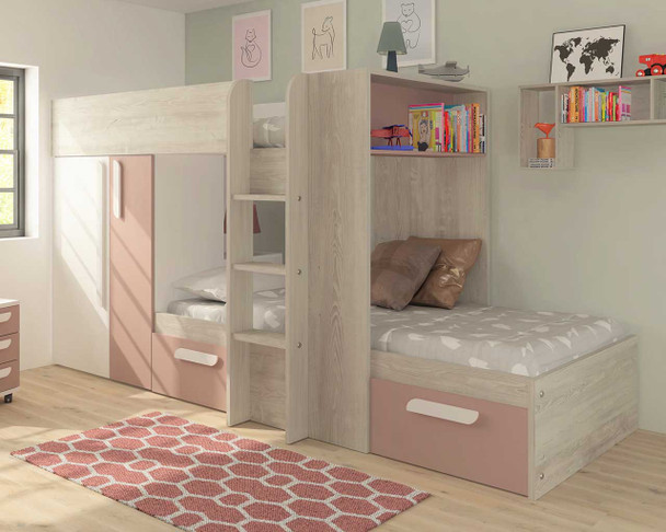 Barca bunk bed with pink storage drawers and wardrobe