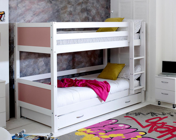 Nordic White Bunkbed with trundle and pink headboard panels