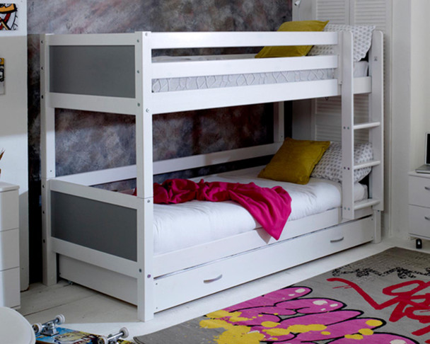 Nordic White Bunkbed with trundle and grey headboard panels