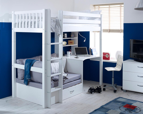 Nordic High sleeper 3 with slatted headboards and grey sofa bed