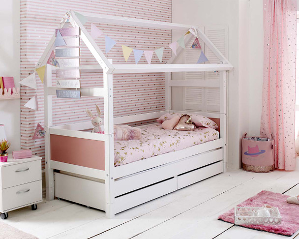 Nordic playhouse bed with pink panels