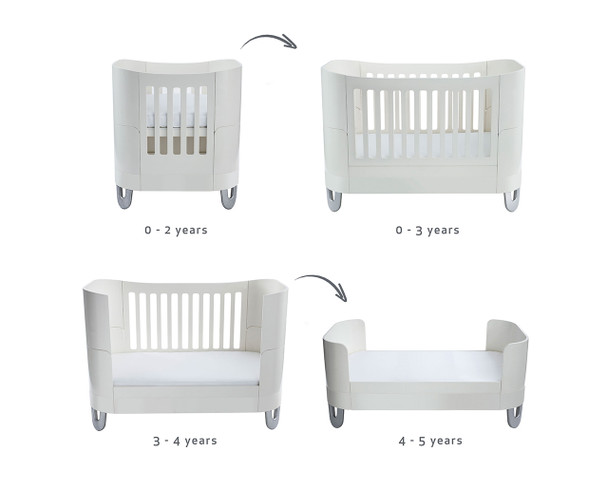 Progression from mini crib to cot bed, day bed and toddler bed