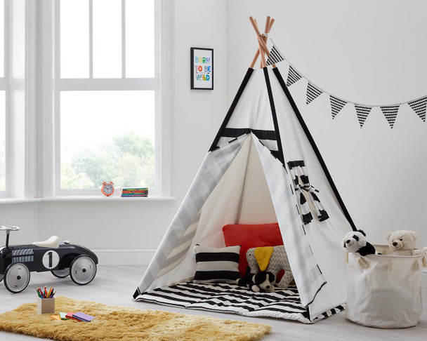 Kids Teepee Tent, Cushions and Play mat in Black and White Stripe