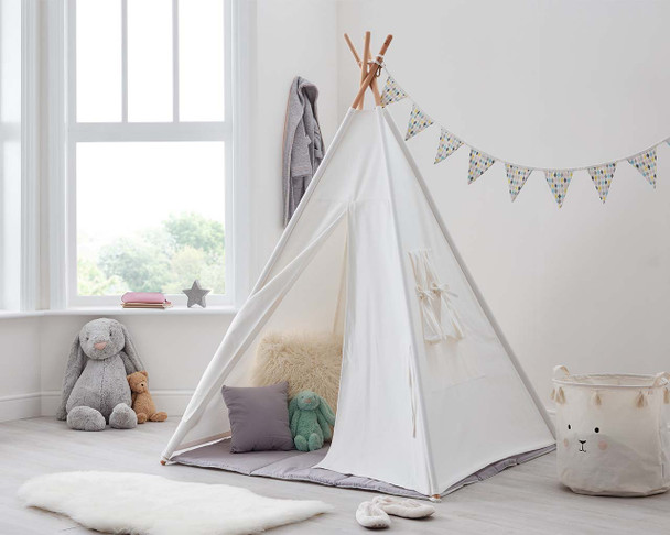 Kids Teepee in natural with grey mat and cushions