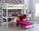 Noah White High Sleeper with Desk and Chair Bed with pink sofa open