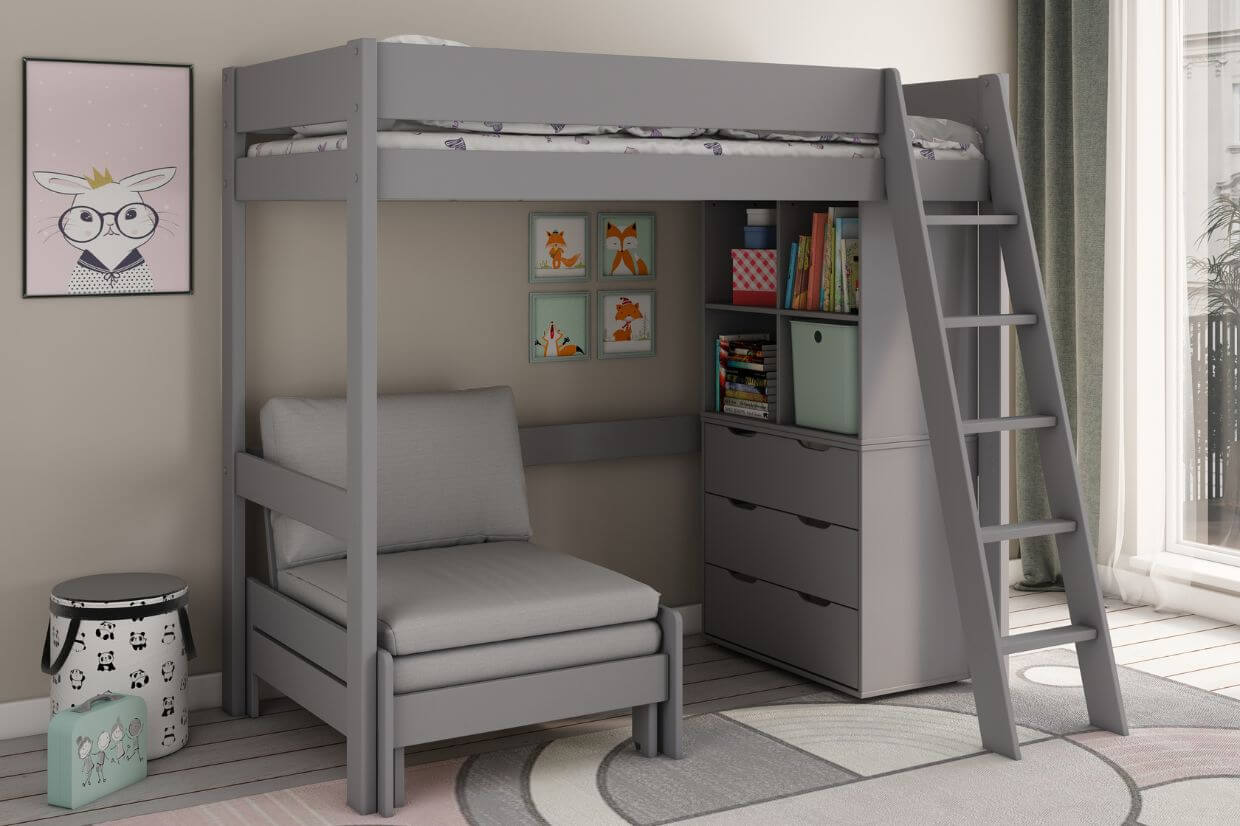 Estella grey high sleeper with chest, cube and sofabed