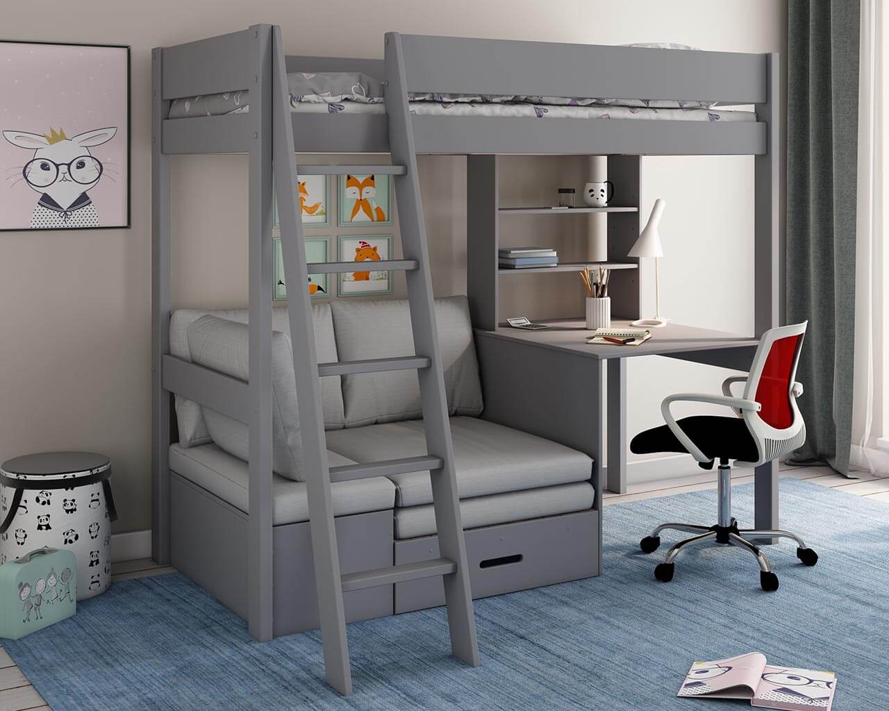 Estella grey high sleeper bed with desk and sofa bed