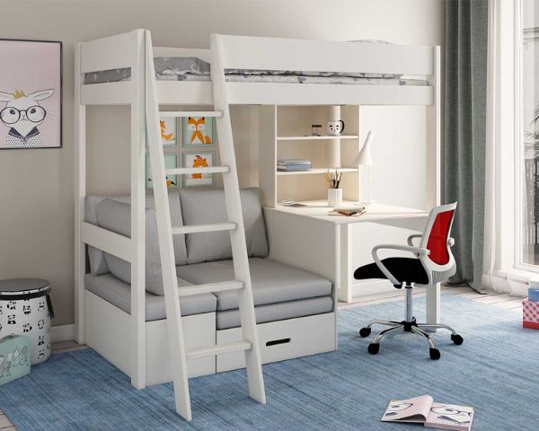 Estella white high sleeper bed with desk and corner sofabed