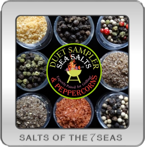 The Duet Sea Salt & Peppercorn sampler features: onion sea salt, garlic sea salt, smoked sea salt, Tellicherry peppercorns, white peppercorns, pink peppercorns, green peppercorns and more!