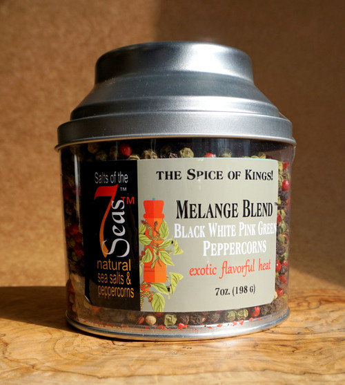 Melange Blend peppercorns are a mix of gourmet peppercorns featuring  green, pink, white and black peppercorns.