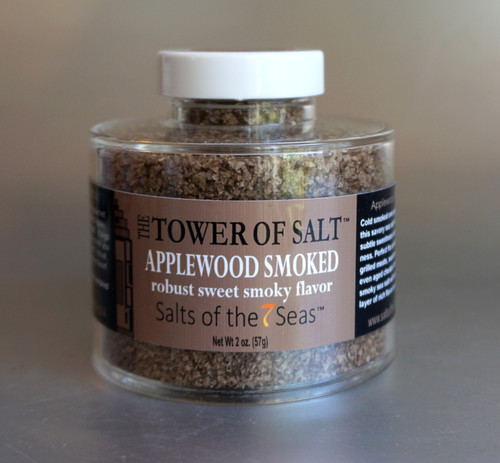 Applewood smoked sea salt is a smoked sea salt that has a savory flavor. Presented in a heavy acrylic jar that stacks for easy storage.