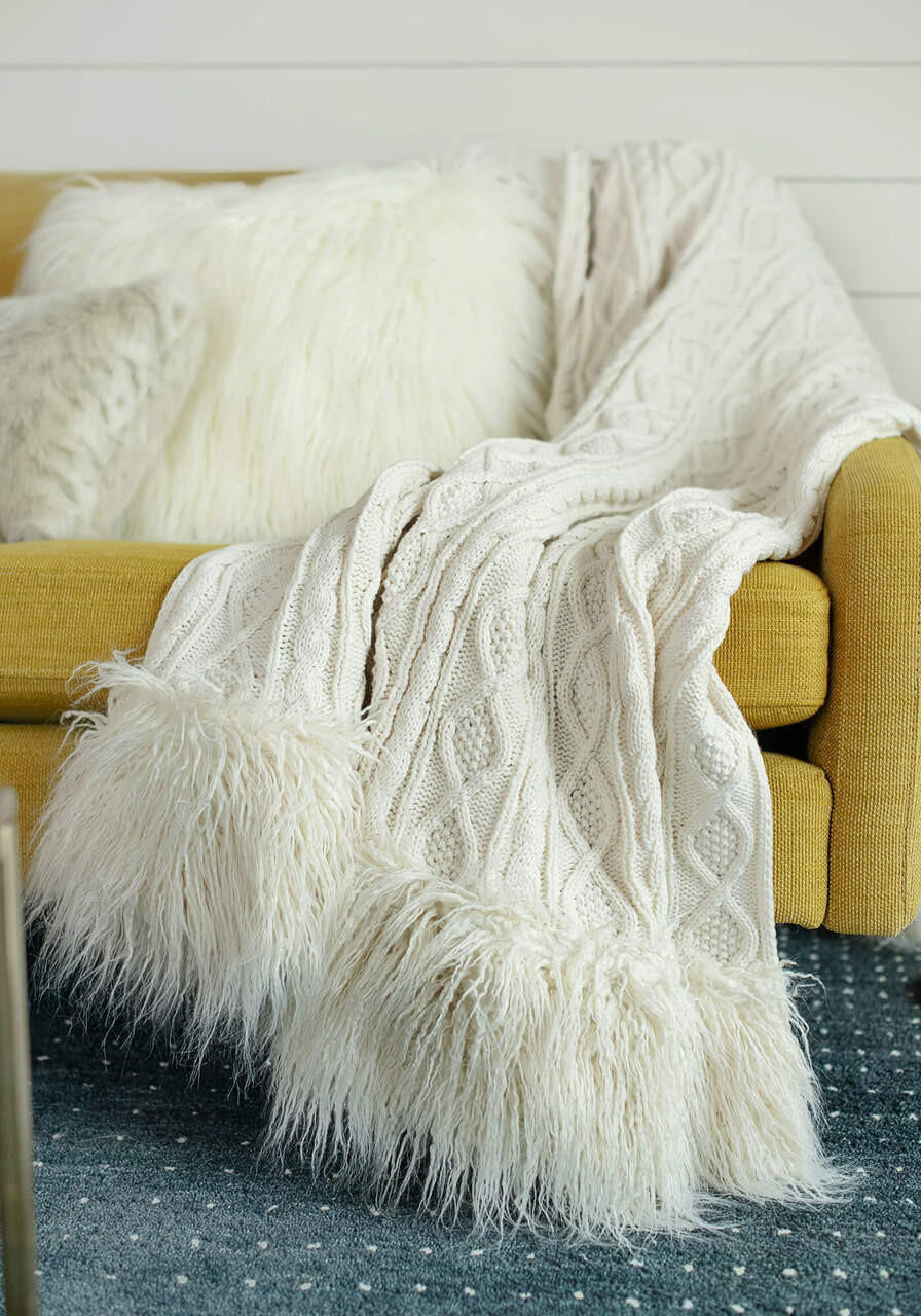 Ivory Knit Mongolian Trim Faux Fur Throw