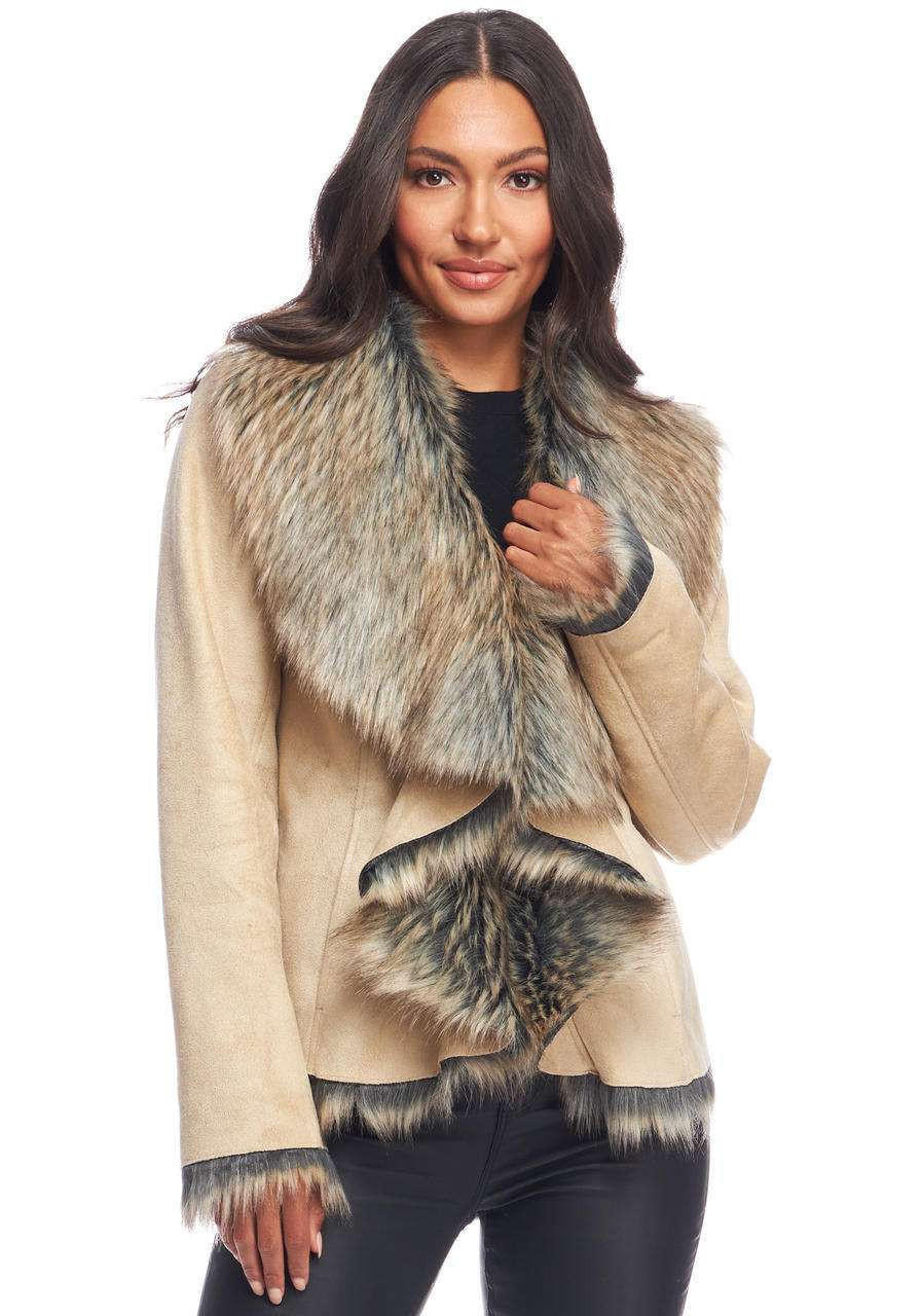 Taupe Faux Suede u0026 Faux Fur Denali Cascade Jacket