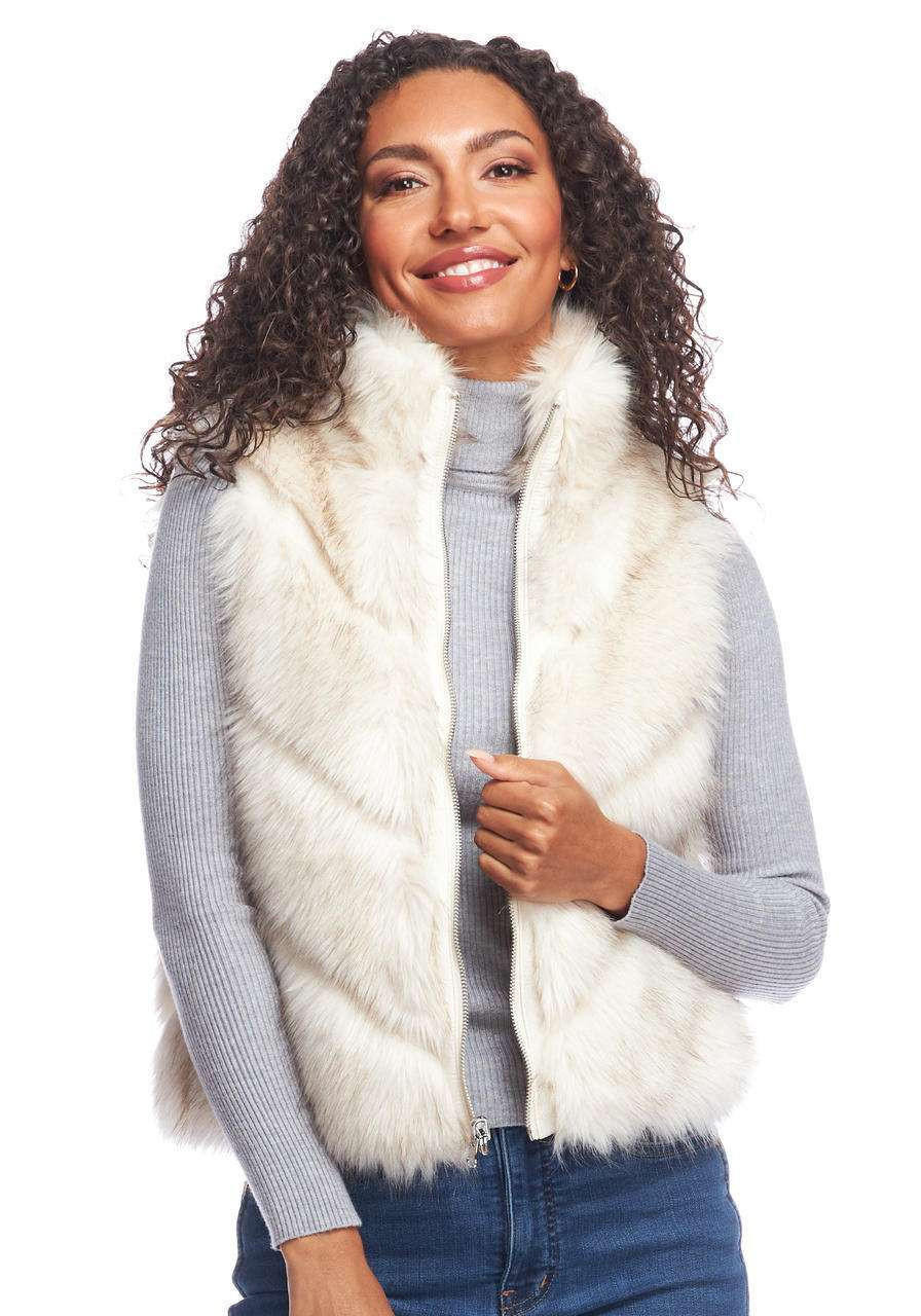 Ivory Chevron Reversible Faux Fur Zip Vest Collections