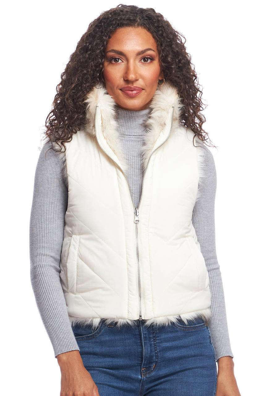 Ivory Chevron Reversible Faux Fur Zip Vest