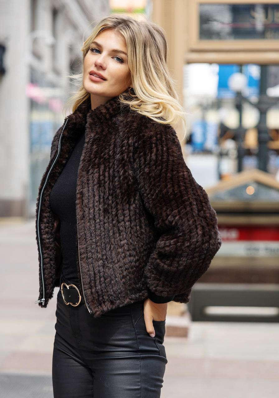 Whiskey Faux Fur 5th Ave Knitted Bomber Jacket